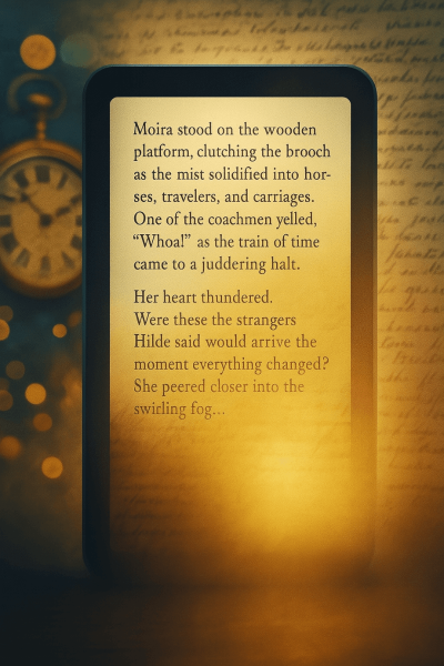 Digital e-reader displaying Rod Sanford’s book “The Time Queen” with a soft fantasy-themed background